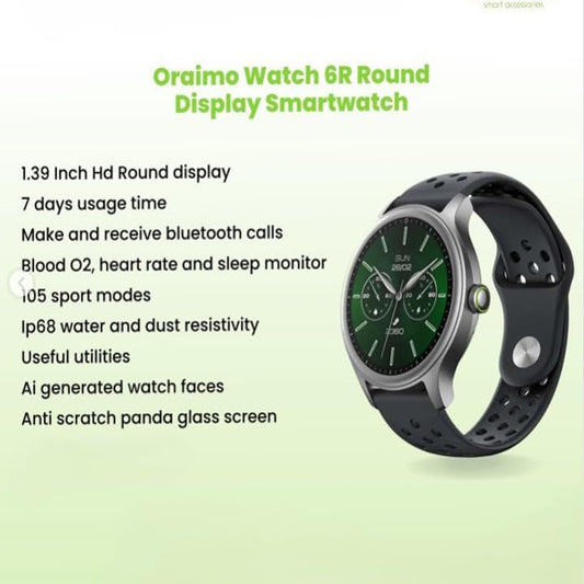 Oraimo Watch 6R OSW-823 Smart Watch Chrome Case With Black Silicone Strap