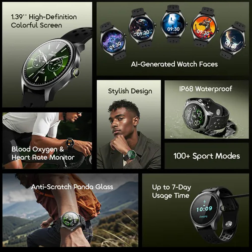 Oraimo Watch 6R OSW-823 Smart Watch Chrome Case With Black Silicone Strap