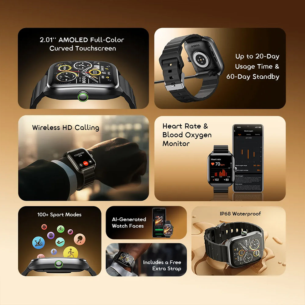 Oraimo Watch Nova 2 OSW-814 Smart Watch Black Case With Black Silicone Strap