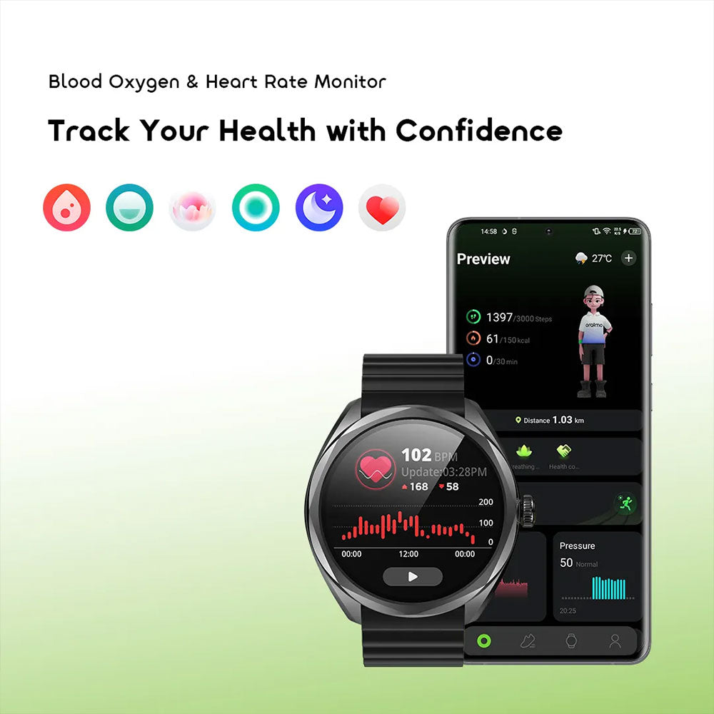 Oraimo Watch Nova 2R OSW-834 Smart Watch Black Case With Black Silicone Strap & Extra Black Silicone Strap