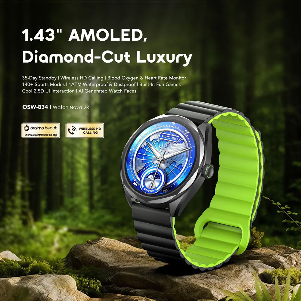 Oraimo Watch Nova 2R OSW-834 Smart Watch Black Case With Black Silicone Strap & Extra Black Silicone Strap