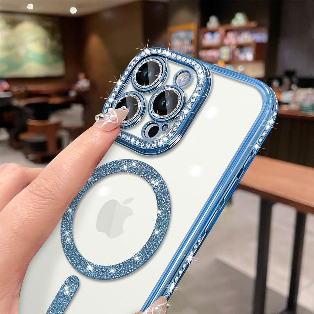 Phone Silicone Magsafe Transparent Cover With Lens Protector and Blue Edges iPhone 15 Pro