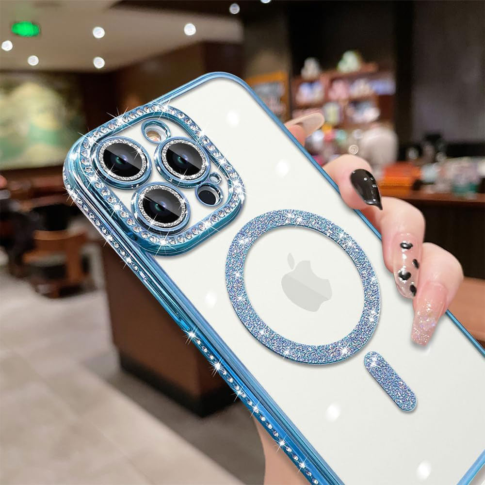 Phone Silicone Magsafe Transparent Cover With Lens Protector and Blue Edges iPhone 15 Pro