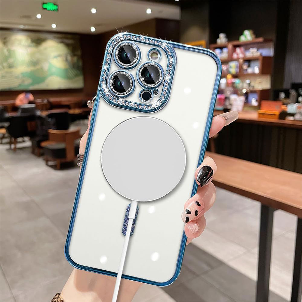 Phone Silicone Magsafe Transparent Cover With Lens Protector and Blue Edges iPhone 15 Pro