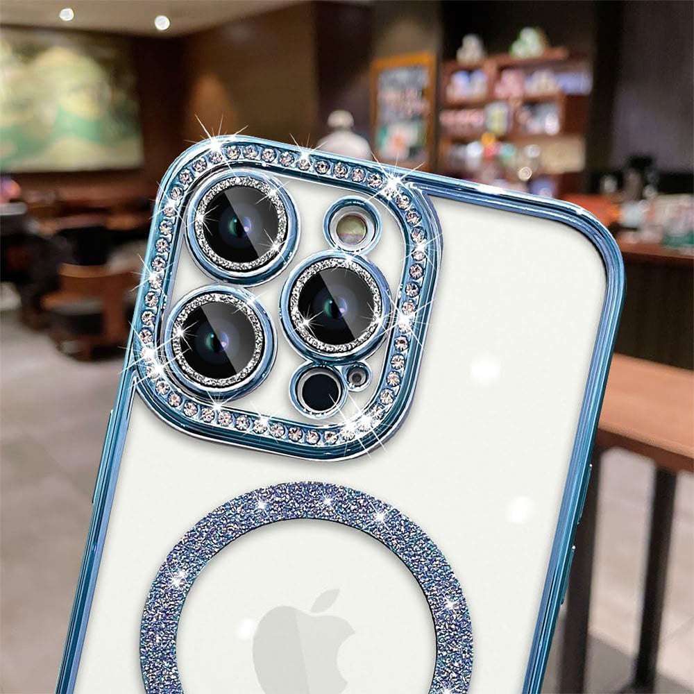 Phone Silicone Magsafe Transparent Cover With Lens Protector and Blue Edges iPhone 15 Pro