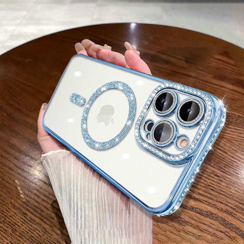 Phone Silicone Magsafe Transparent Cover With Lens Protector and Blue Edges iPhone 15 Pro