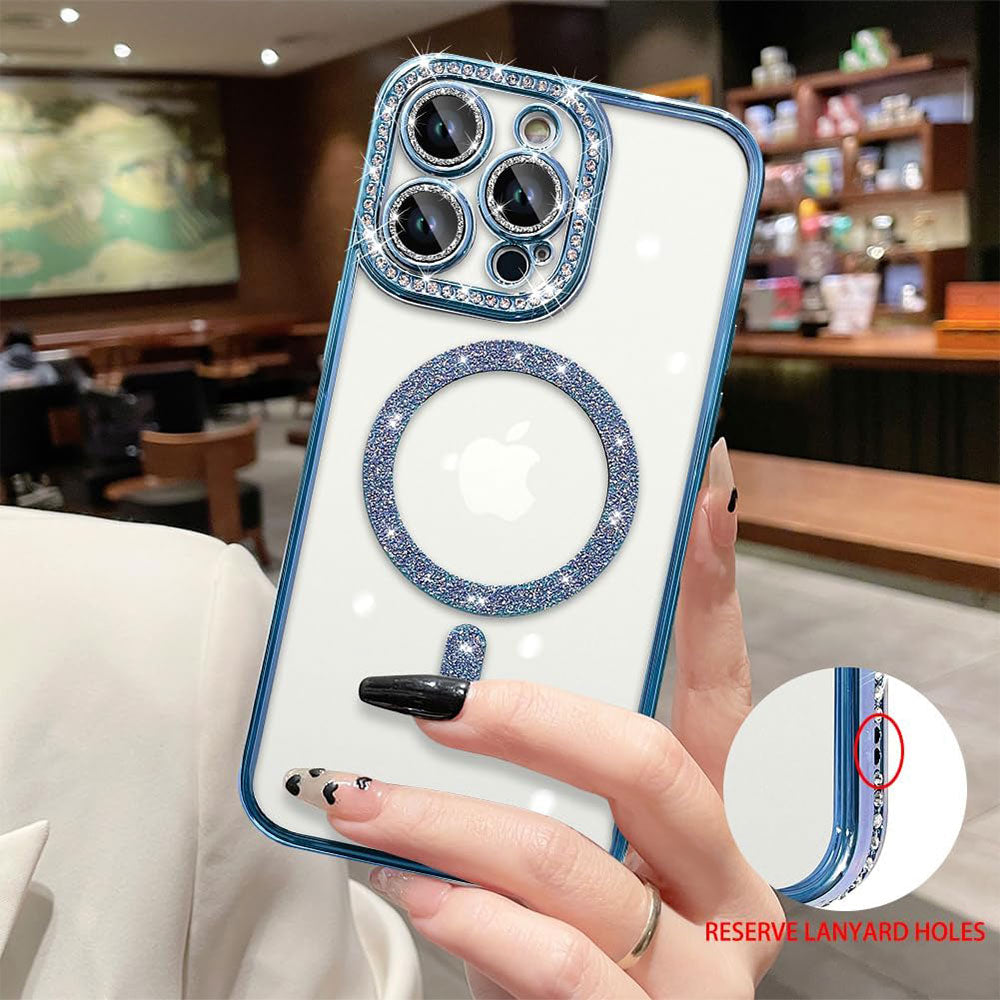 Phone Silicone Magsafe Transparent Cover With Lens Protector and Blue Edges iPhone 15 Pro