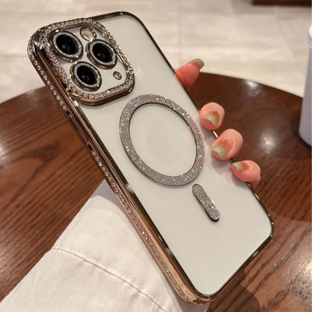 Phone Silicone Magsafe Transparent Cover With Lens Protector and Gold Edges iPhone 15 Pro Max