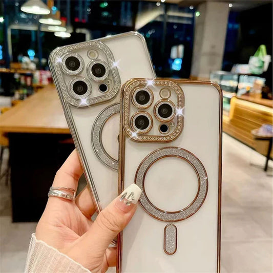 Phone Silicone Magsafe Transparent Cover With Lens Protector and Gold Edges iPhone 15 Pro Max
