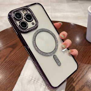 Phone Silicone Magsafe Transparent Cover With Lens Protector and Purple Edges iPhone 14 Pro Max