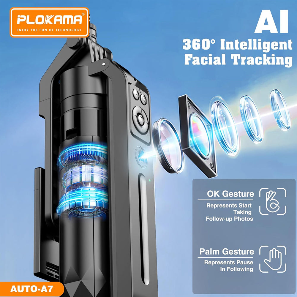 Plokama AUTO-A7 AI Face Tracking Foldable Tripod Selfie Stick