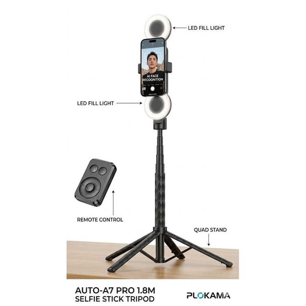 سيلفي ستيك LED بلوكاما ثلاثية الأرجل قابلة للطي مع تتبع الوجه بالذكاء الاصطناعي AUTO-A7 PRO