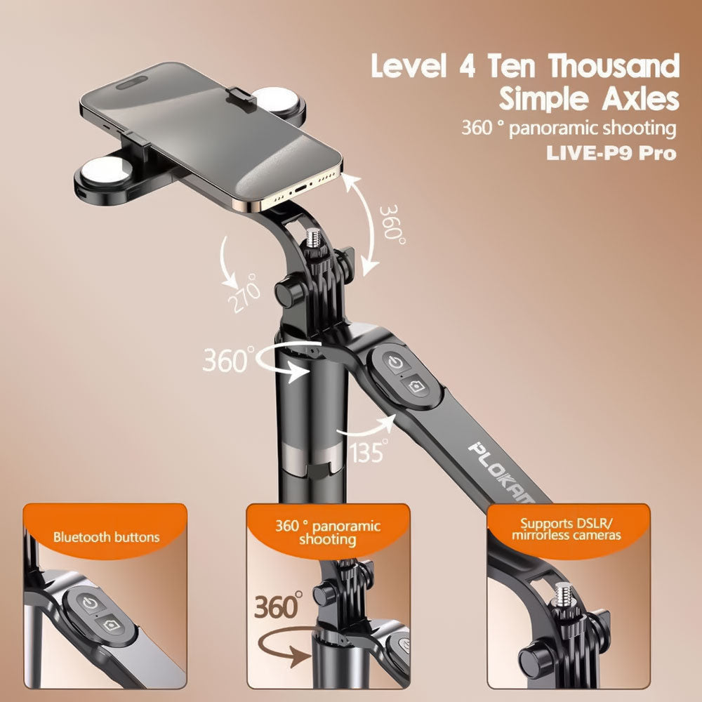 Plokama LIVE-P9 Pro Bluetooth Foldable Tripod Selfie Stick With Two Lights