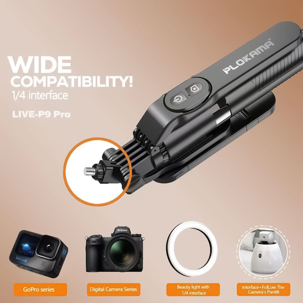 Plokama LIVE-P9 Pro Bluetooth Foldable Tripod Selfie Stick With Two Lights