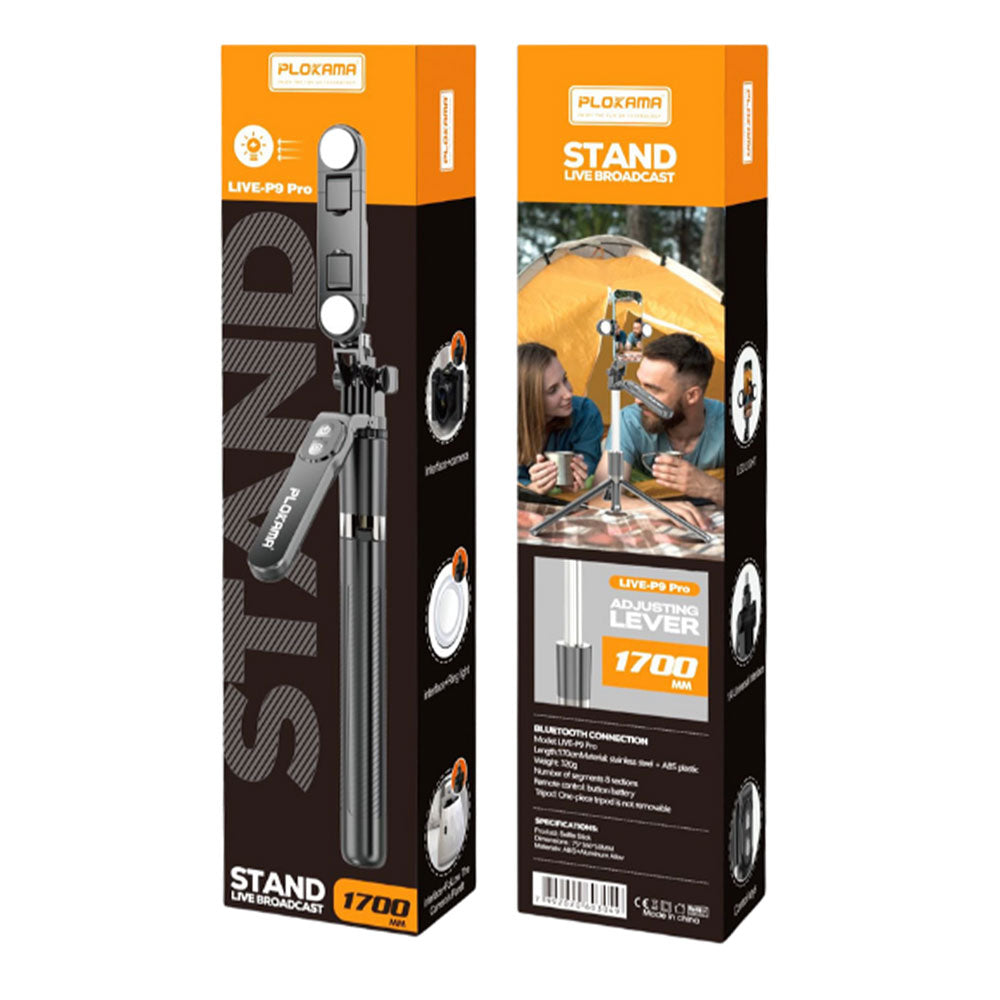 Plokama LIVE-P9 Pro Bluetooth Foldable Tripod Selfie Stick With Two Lights
