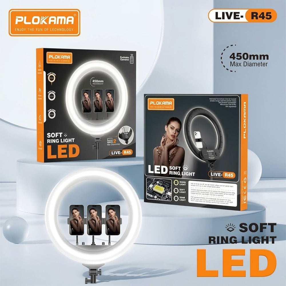 Plokama LED Selfie Ring Light With Triple Phone Holder