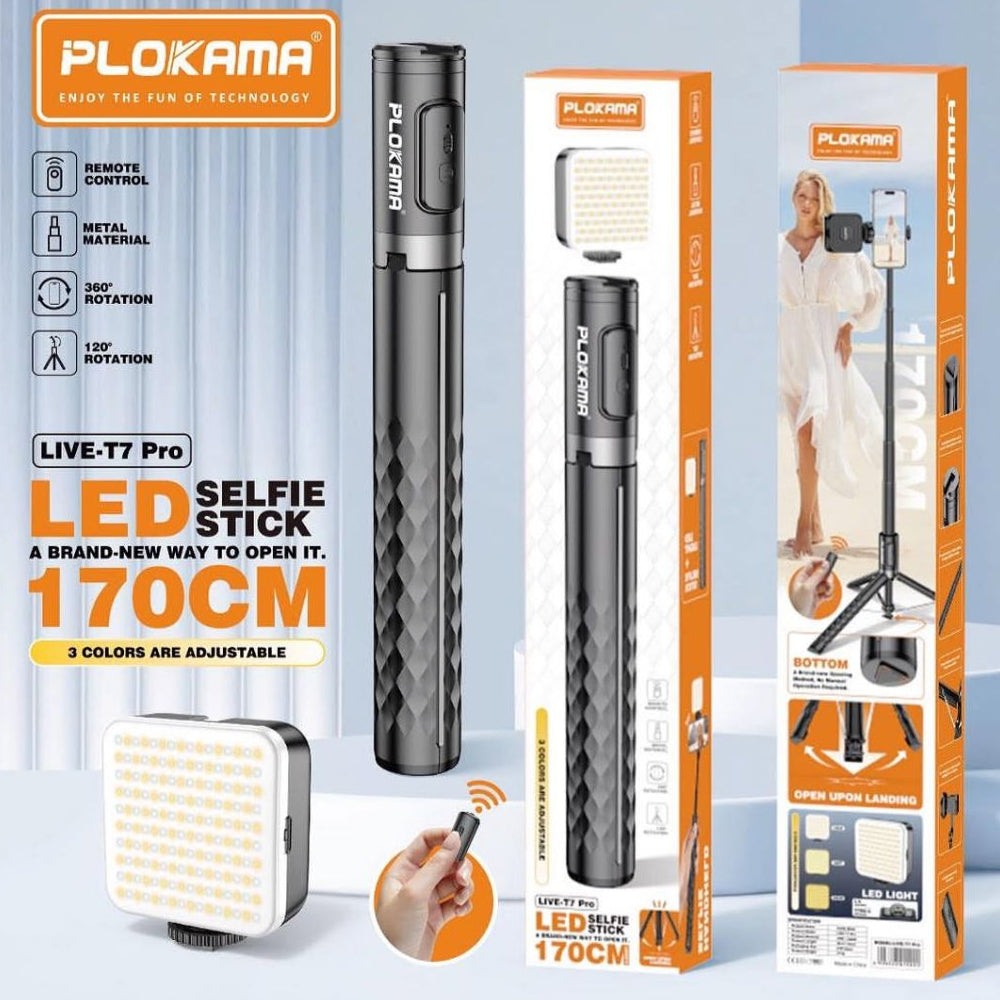 Plokama LIVE-T7 Pro Foldable Tripod LED Selfie Stick