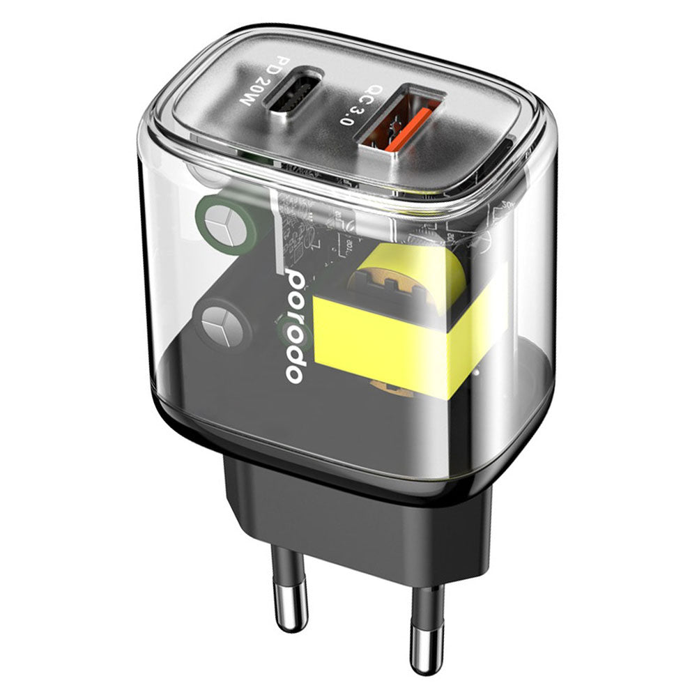 Porodo PD-T20WACEU-BK Wall Charger PD Type-C + USB 3A 20W Fast Charging - Black