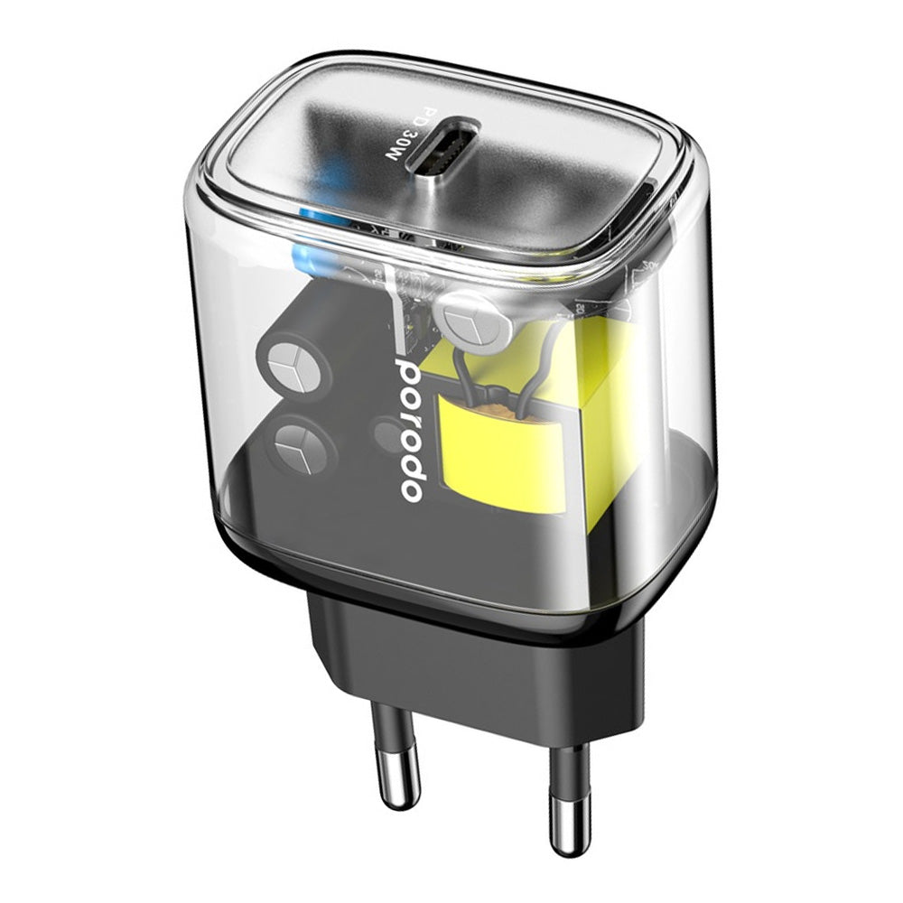 Porodo PD-TC30WSCEU-BK Transparent Wall Charger PD Type-C 30W Fast Charging