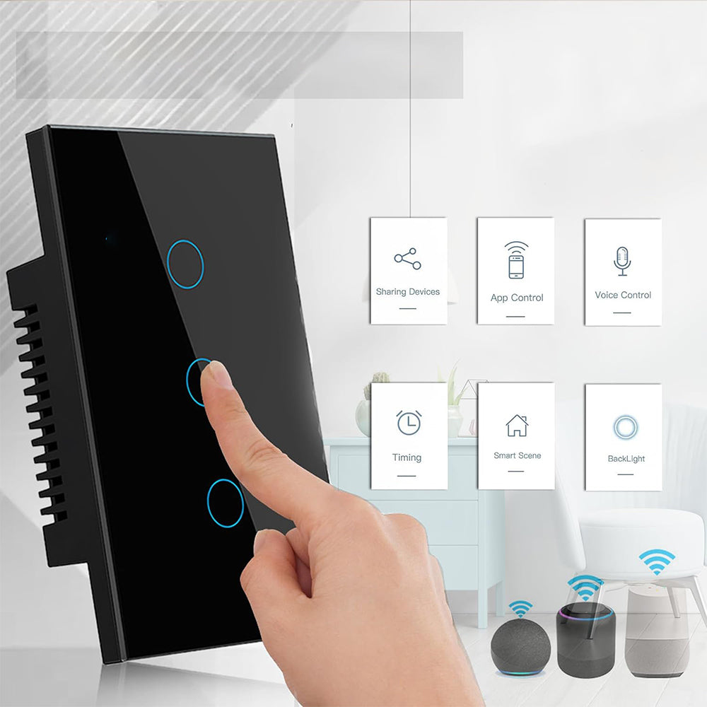 مفتاح حائط سمارت باللمس من الزجاج 3 مفاتيح بتقنية QQZBLN-103-B ZigBee - اسود