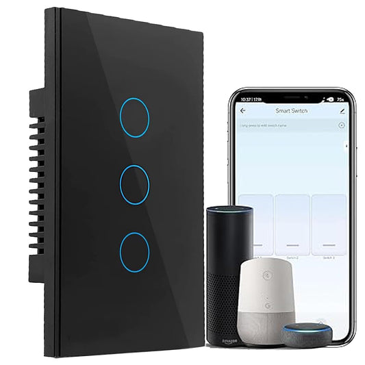 مفتاح حائط سمارت باللمس من الزجاج 3 مفاتيح بتقنية QQZBLN-103-B ZigBee - اسود