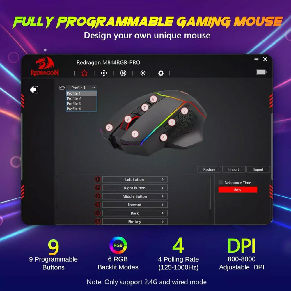 Redragon Axe Pro M814 Triple Mode Bluetooth Wireless & Wired RGB Gaming Mouse 8000Dpi