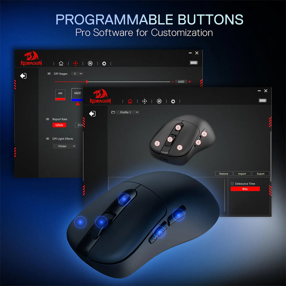 Redragon Ebony M998-STD-1K Triple Mode Bluetooth Wireless & Wired Mouse 24000Dpi With RGB Magnetic Charging Dock