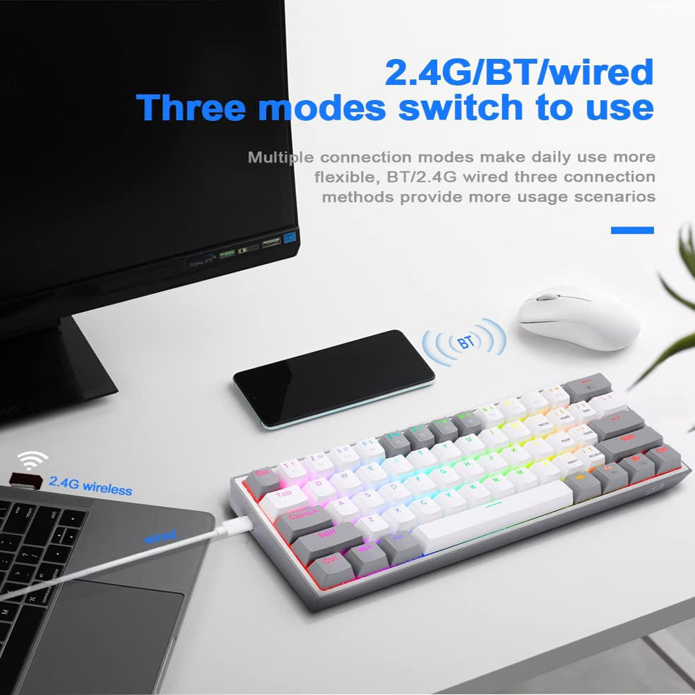 كيبورد ريدراجون سلكي و لاسلكي بلوتوث ثلاثي الوضع قابل للشحن RGB جيمنج إنجليزي وعربي 