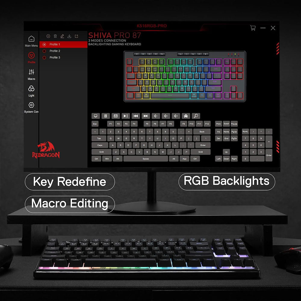 Redragon Shiva K516 Pro 87 Triple Mode Bluetooth Wireless & Wired RGB Gaming Keyboard English & Arabic