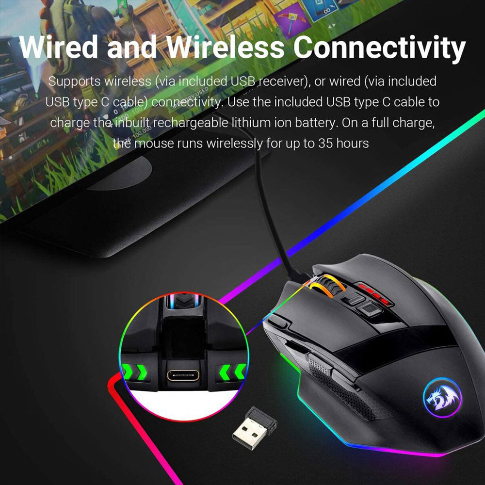 Redragon Sniper Pro M801P Dual Mode Rechargeable Wireless & Wired RGB Gaming Mouse 16000Dpi