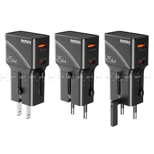 شاحن حائط ريماكس بمنفذ تايب سي + منفذ يو اس بي 0.8 أمبير بقوة 25 وات شحن سريع (UK+EU+US/AU Plug) CM03 GaN Travel - أسود