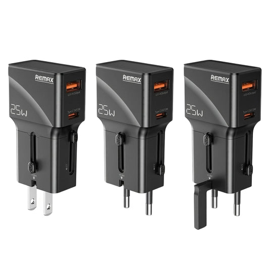شاحن حائط ريماكس بمنفذ تايب سي + منفذ يو اس بي 0.8 أمبير بقوة 25 وات شحن سريع (UK+EU+US/AU Plug) CM03 GaN Travel - أسود