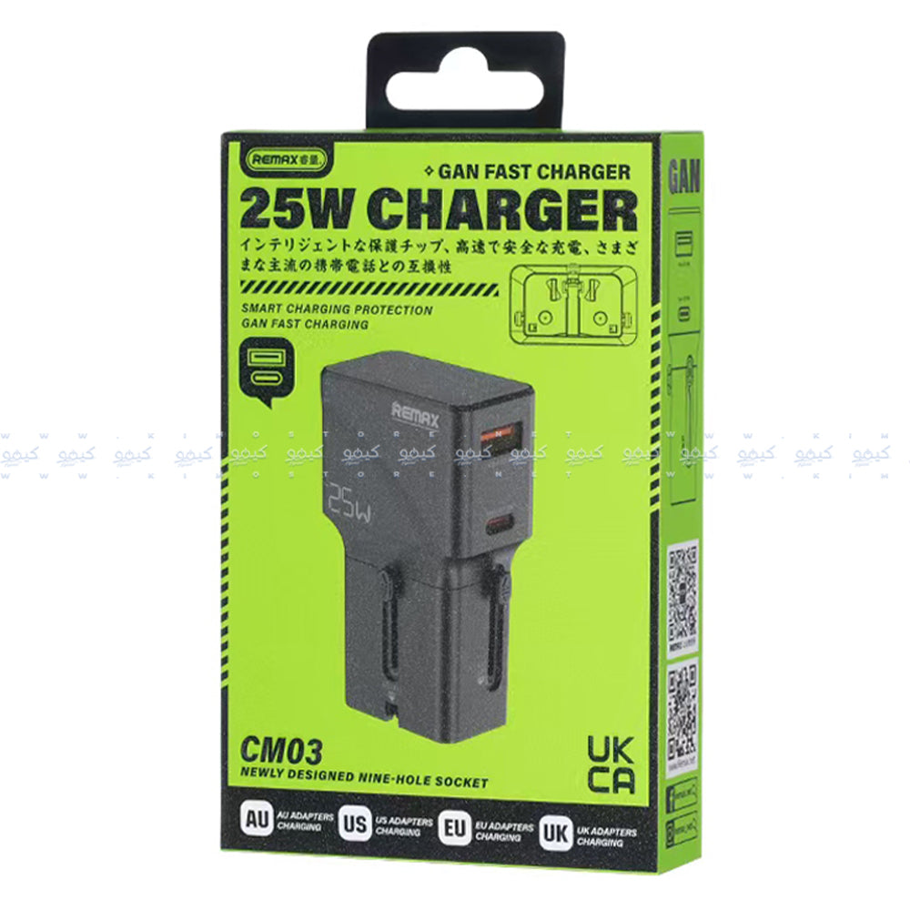 Remax CM03 GaN Travel Wall Charger Type-C + USB 0.8A 25W Fast Charging (UK+EU+US/AU Plug) - Black