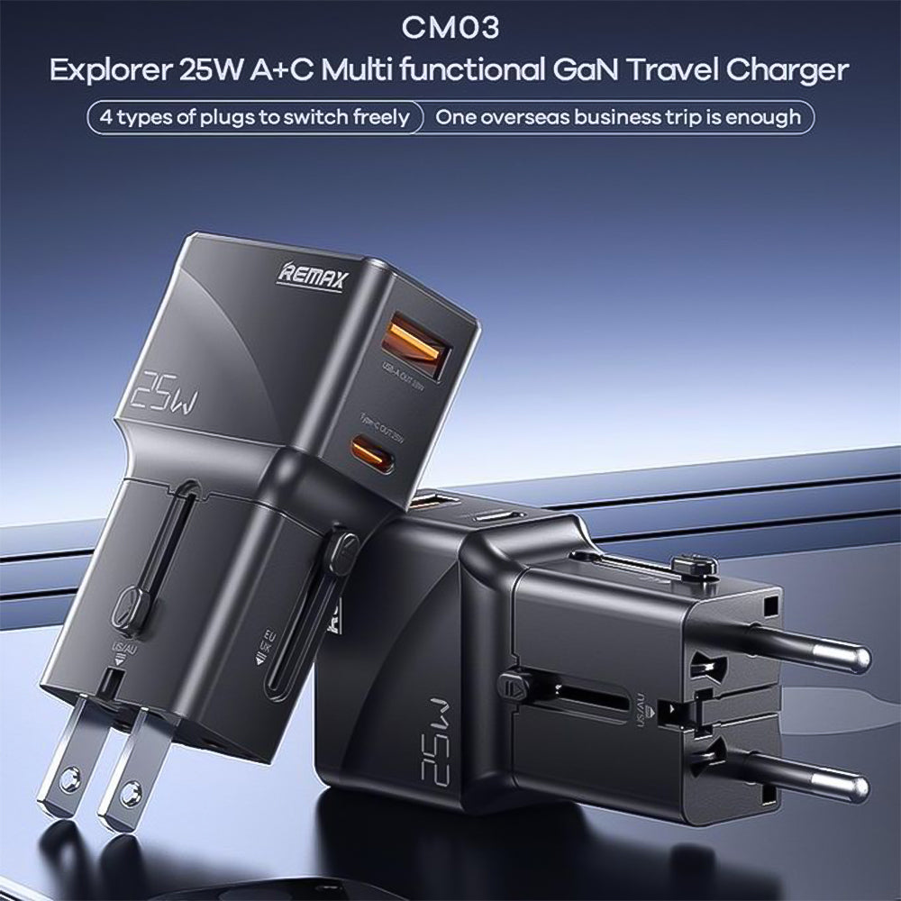 Remax CM03 GaN Travel Wall Charger Type-C + USB 0.8A 25W Fast Charging (UK+EU+US/AU Plug) - Black