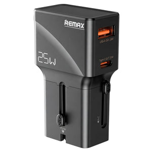 Remax CM03 GaN Travel Wall Charger Type-C + USB 0.8A 25W Fast Charging (UK+EU+US/AU Plug) - Black