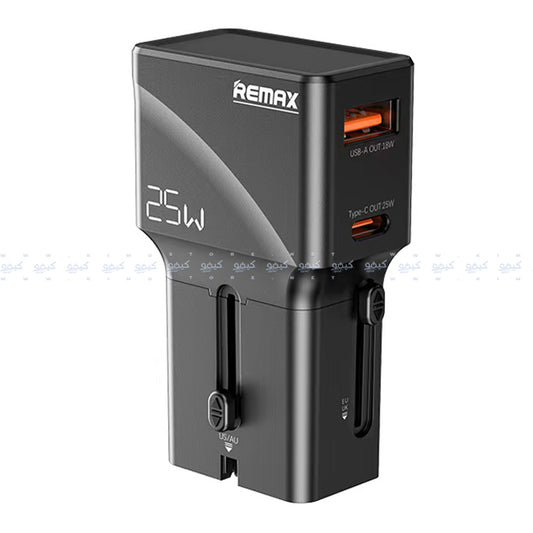 شاحن حائط ريماكس بمنفذ تايب سي + منفذ يو اس بي 0.8 أمبير بقوة 25 وات شحن سريع (UK+EU+US/AU Plug) CM03 GaN Travel - أسود