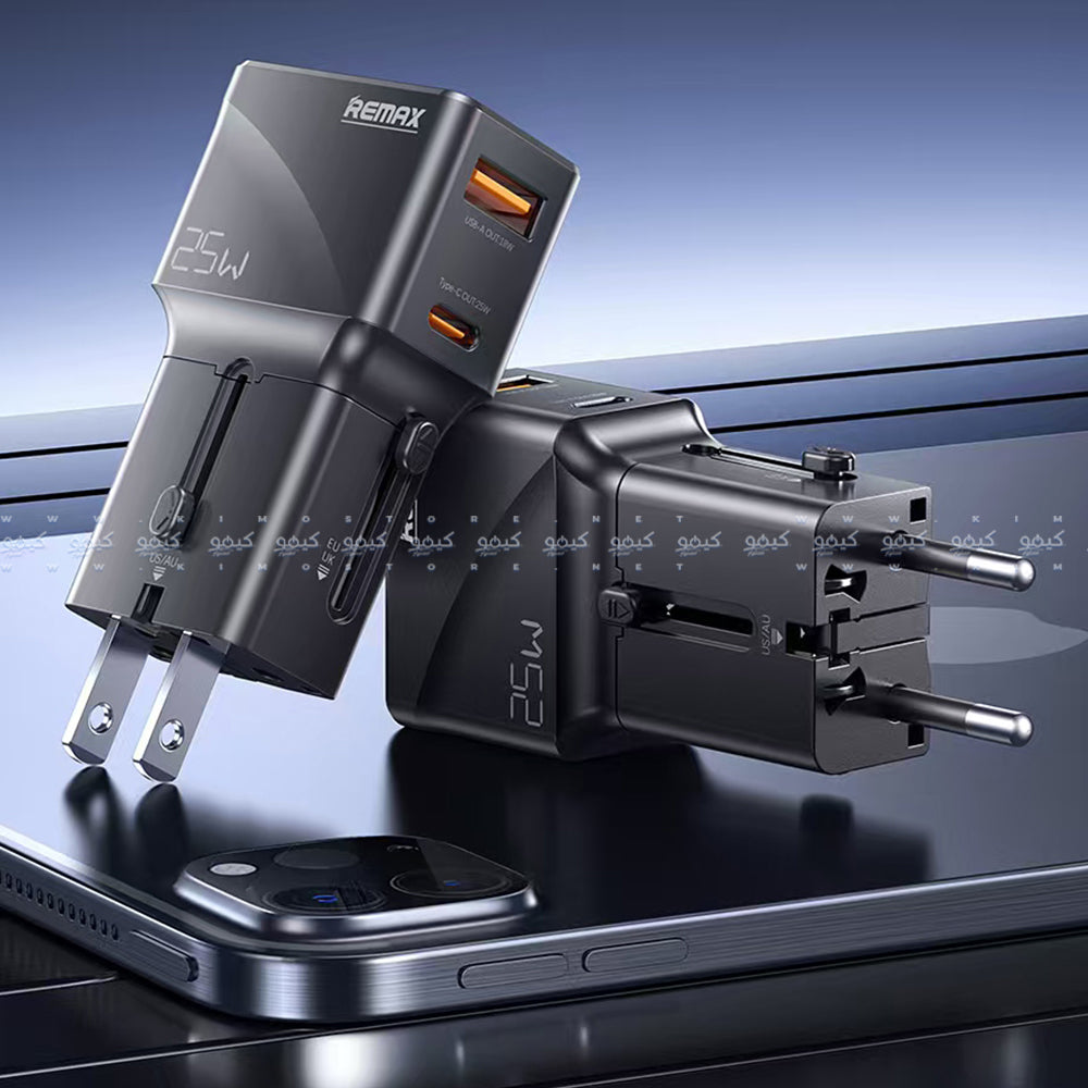 Remax CM03 GaN Travel Wall Charger Type-C + USB 0.8A 25W Fast Charging (UK+EU+US/AU Plug) - Black