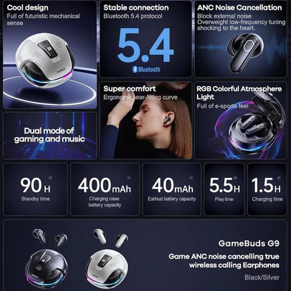 Remax GameBuds G9 RGB ANC True Wireless Earbuds - Silver