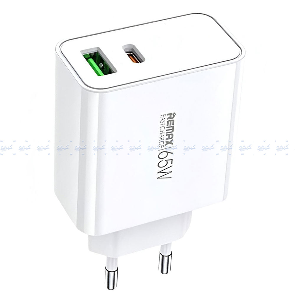 شاحن حائط ريماكس بمنفذ تايب سي + منفذ يو اس بي بقوة 65 وات شحن سريع RP-U125 GaN - أبيض