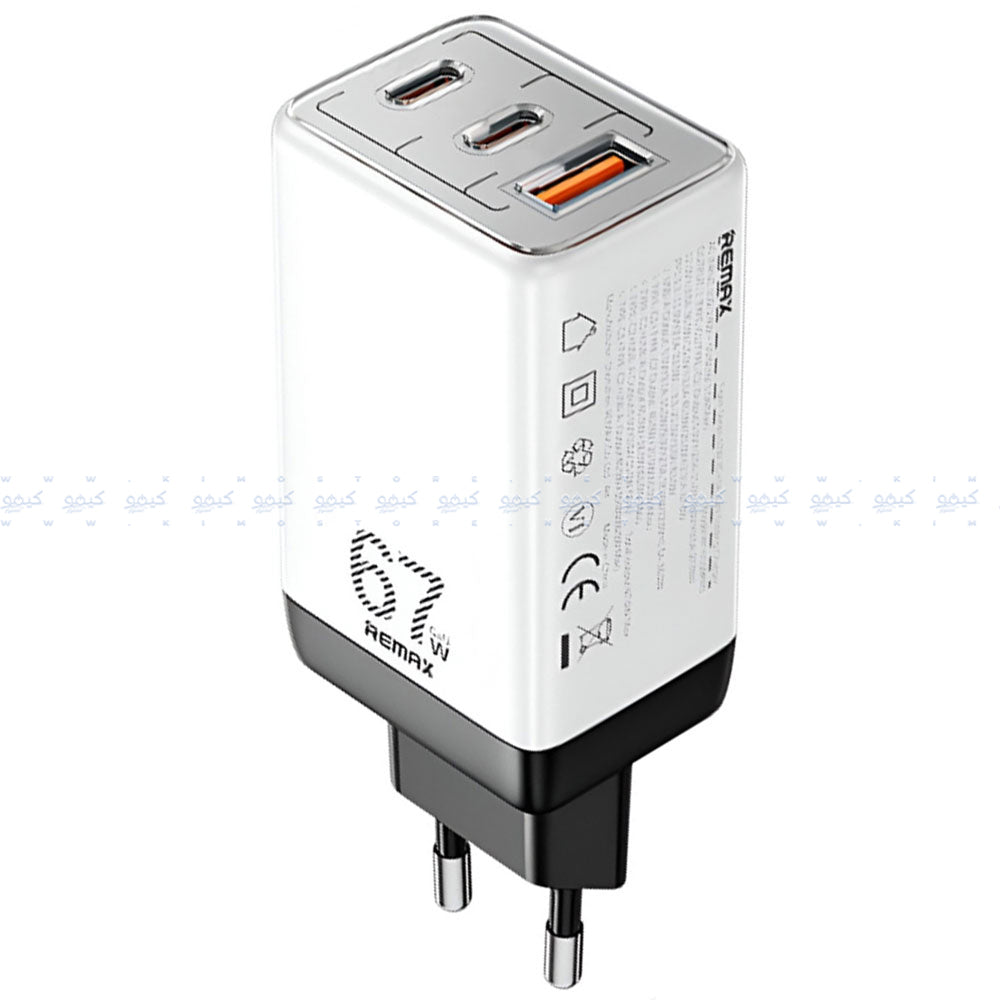 شاحن حائط ريماكس بمنفذين تايب سي + منفذ يو إس بي بقوة 67 وات شحن سريع RP-U159 Pro GaN - أبيض