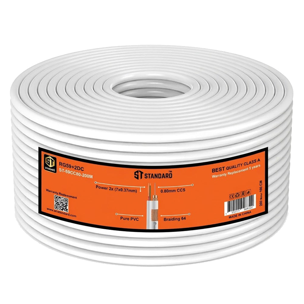 كابل كاميرا باور + داتا اس تي-ستاندرد 200 متر ST-CC80 RG59 - ابيض