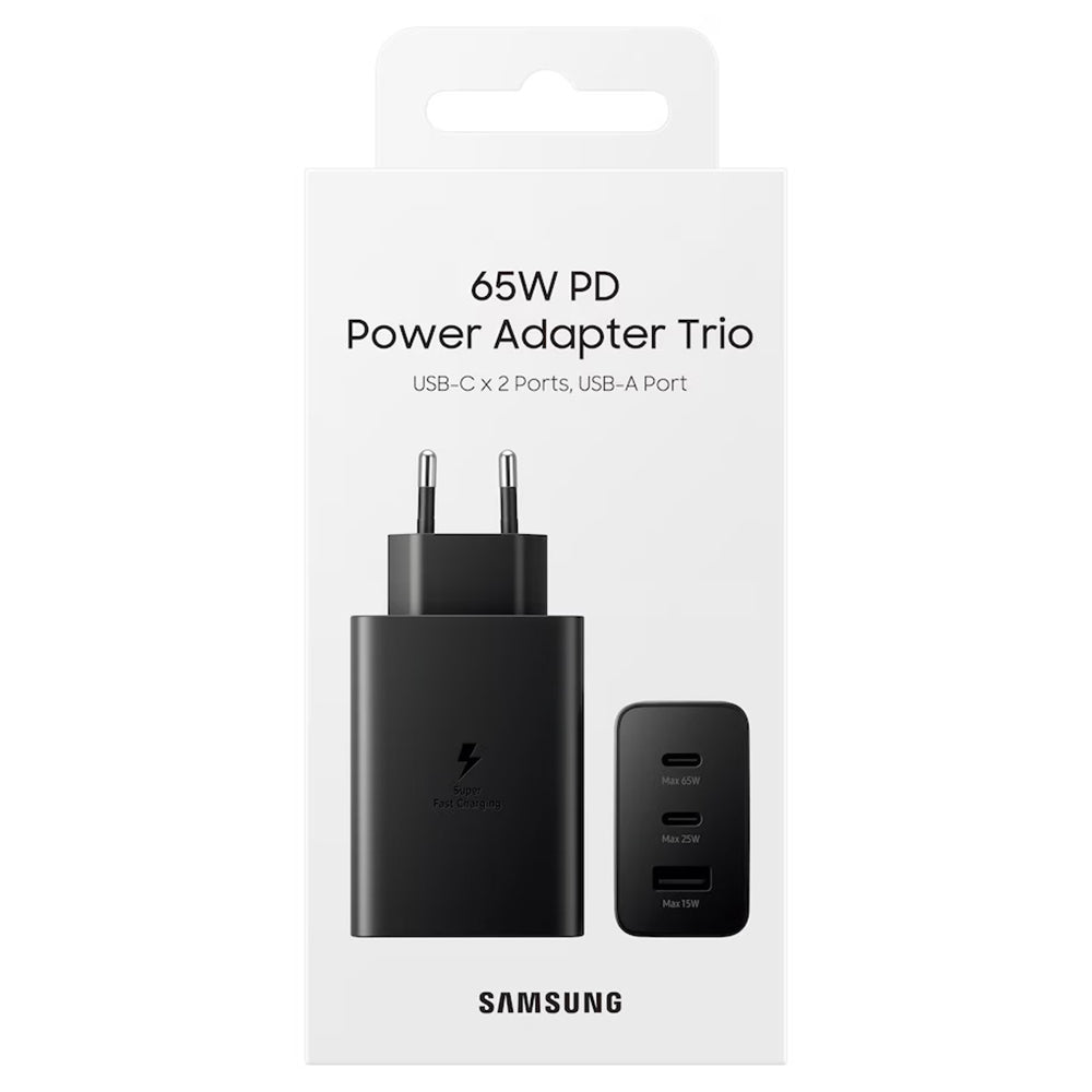 شاحن حائط سامسونج بمنفذين تايب سي PD + منفذ يو اس بي بقوة 65 وات شحن سريع EP-T6530NBEGGB Trio (بلجة UK) - أسود