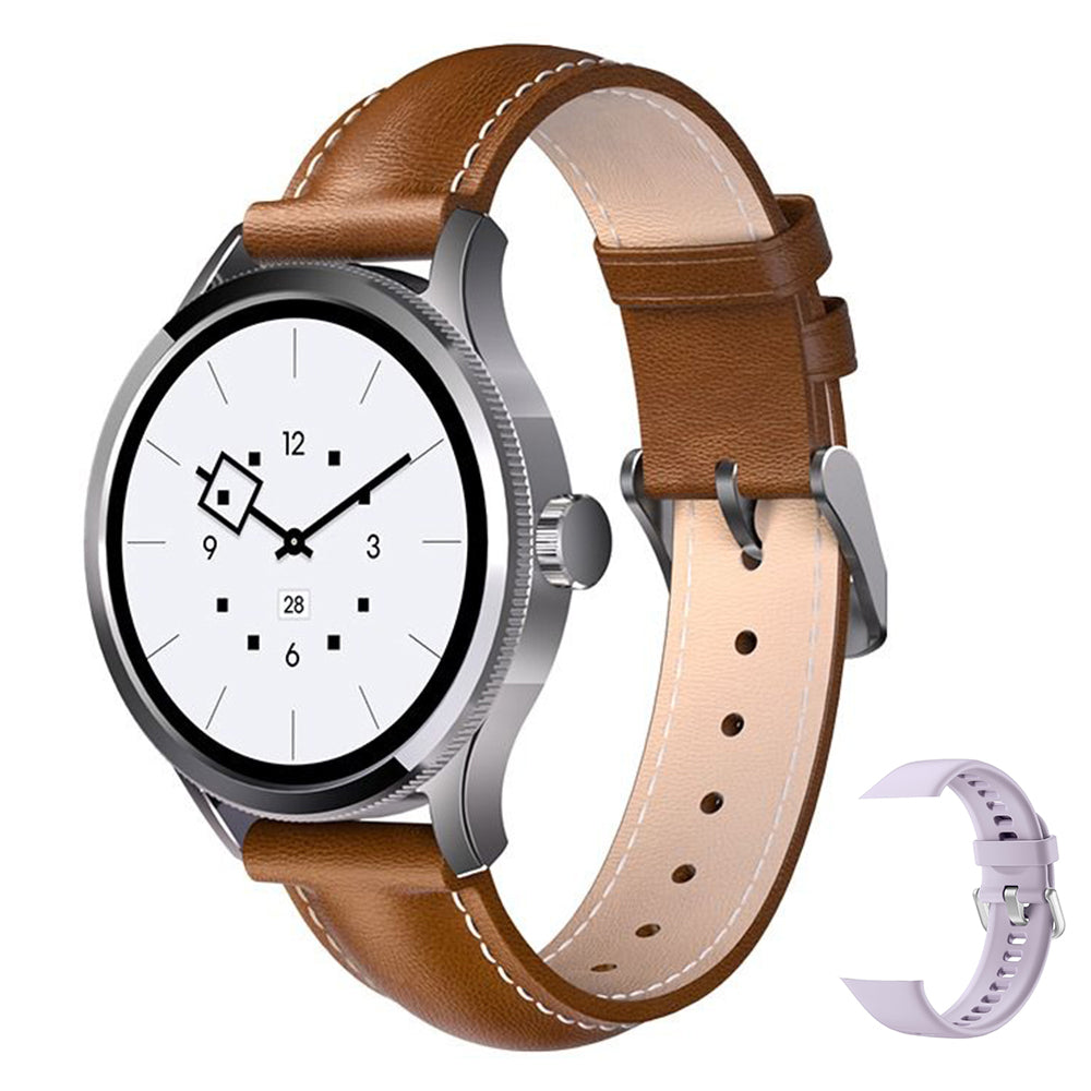 Scykei Feel Neo Smart Watch Silver Case With Coffee Leather Strap & Extra Purple Silicone Strap
