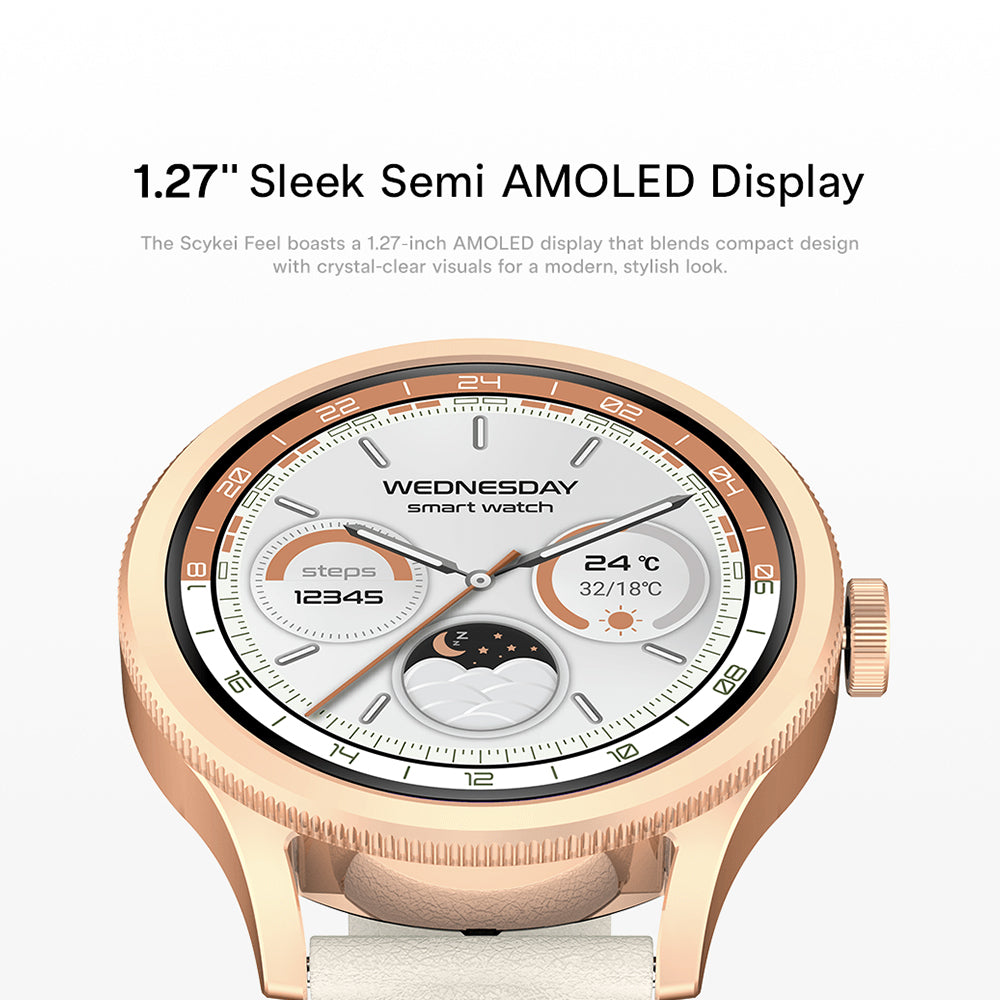 Scykei Feel Neo Smart Watch Silver Case With Coffee Leather Strap & Extra Purple Silicone Strap