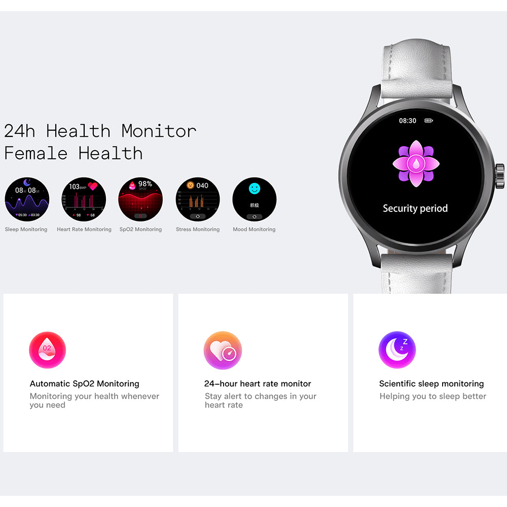 Scykei Feel Neo Smart Watch Silver Case With Coffee Leather Strap & Extra Purple Silicone Strap