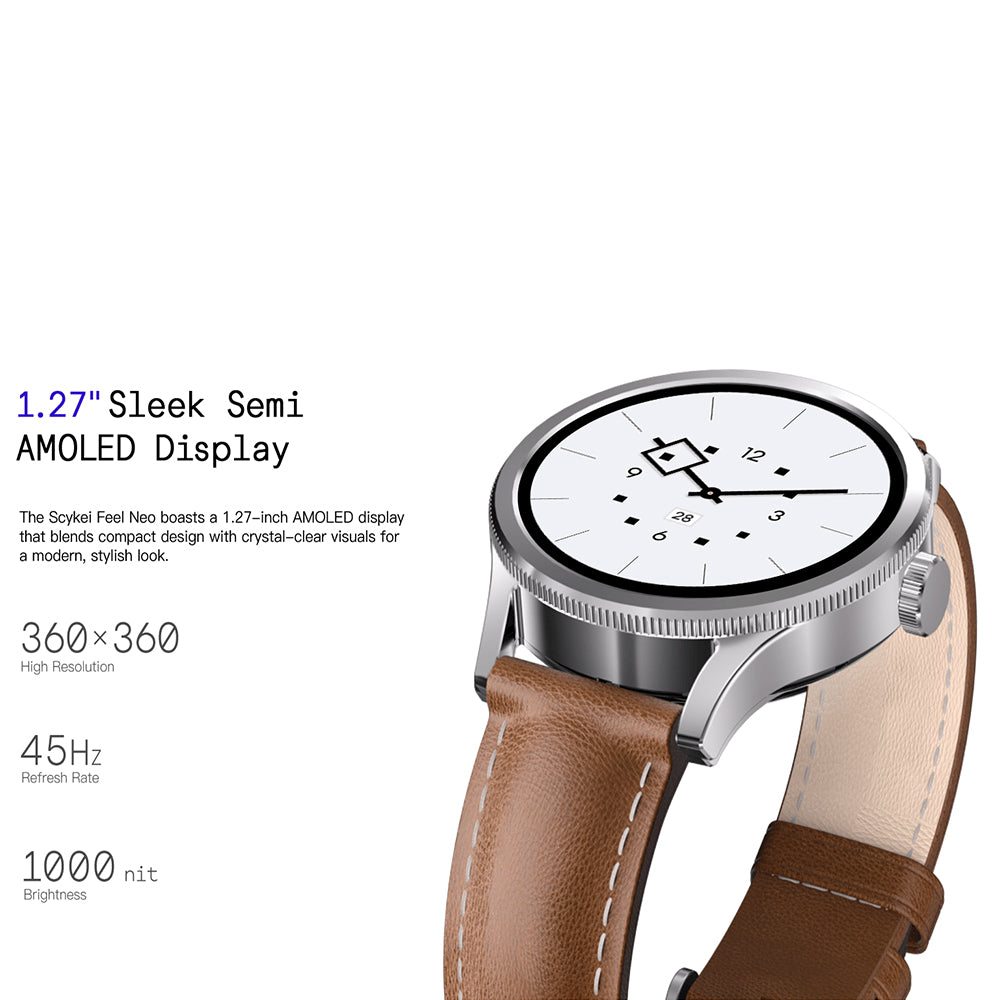 Scykei Feel Neo Smart Watch Silver Case With Coffee Leather Strap & Extra Purple Silicone Strap