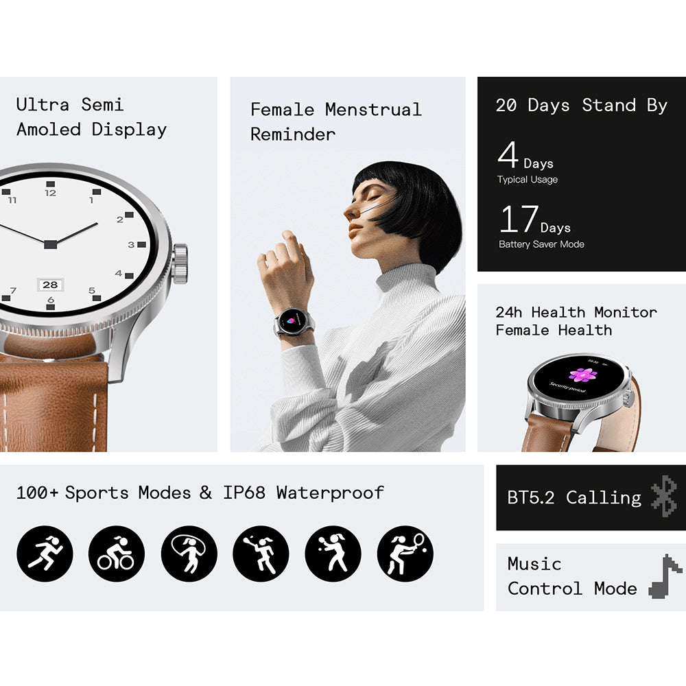 Scykei Feel Neo Smart Watch Silver Case With Coffee Leather Strap & Extra Purple Silicone Strap