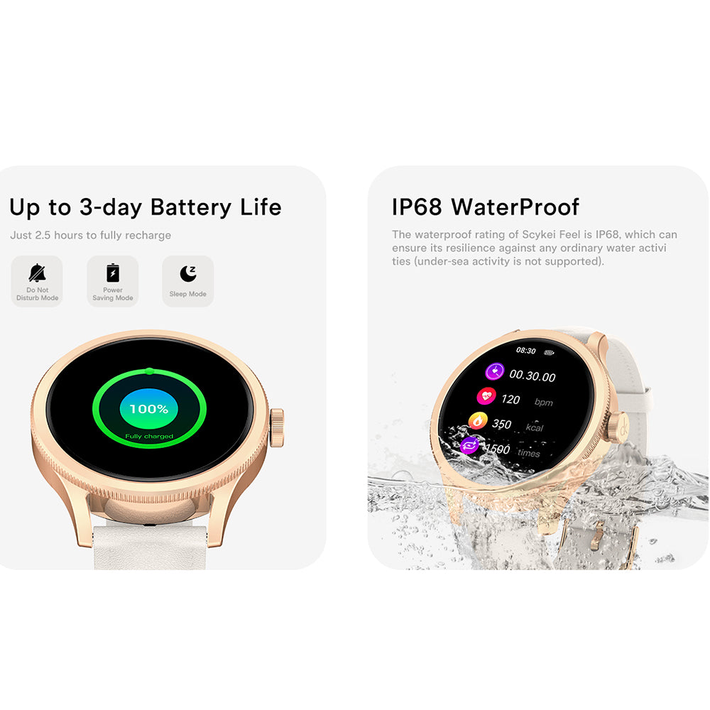 Scykei Feel Neo Smart Watch Silver Case With Coffee Leather Strap & Extra Purple Silicone Strap