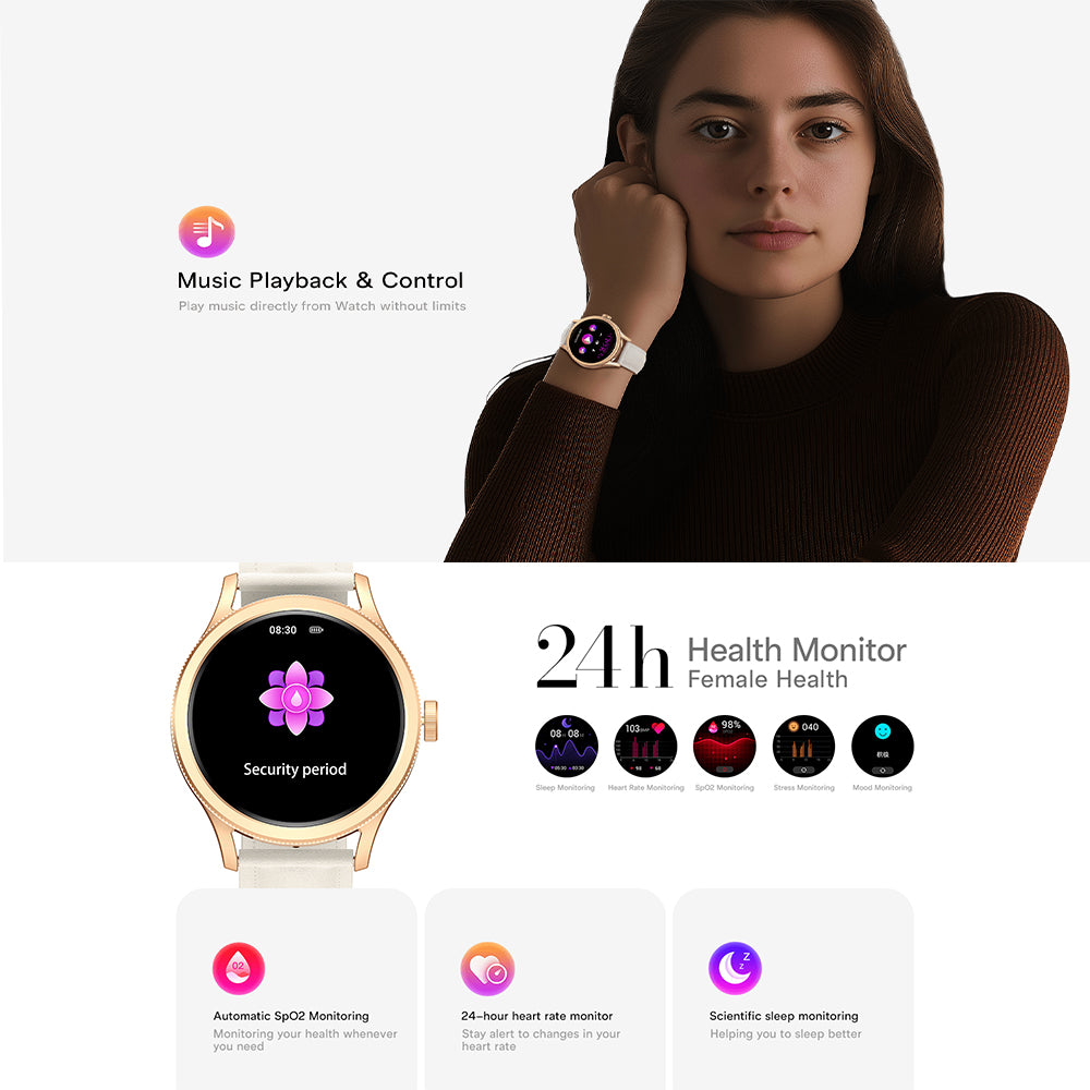 Scykei Feel Neo Smart Watch Silver Case With Coffee Leather Strap & Extra Purple Silicone Strap