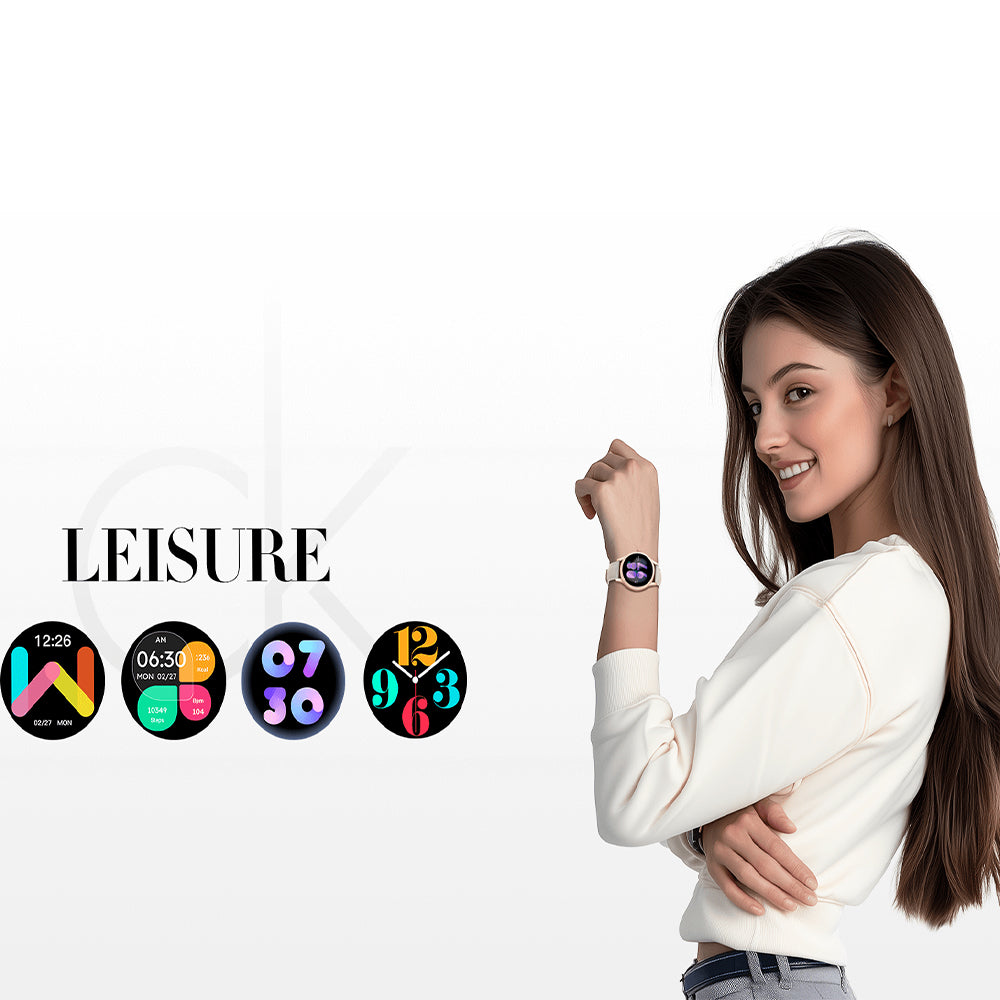 Scykei Feel Neo Smart Watch Silver Case With Coffee Leather Strap & Extra Purple Silicone Strap